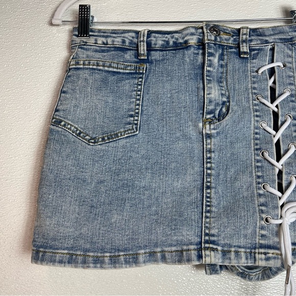 Casual Denim Short Skirt Lace-up Denim Skirt High Waist Hips-Wrapped Mini Skirt - Picture 4 of 14